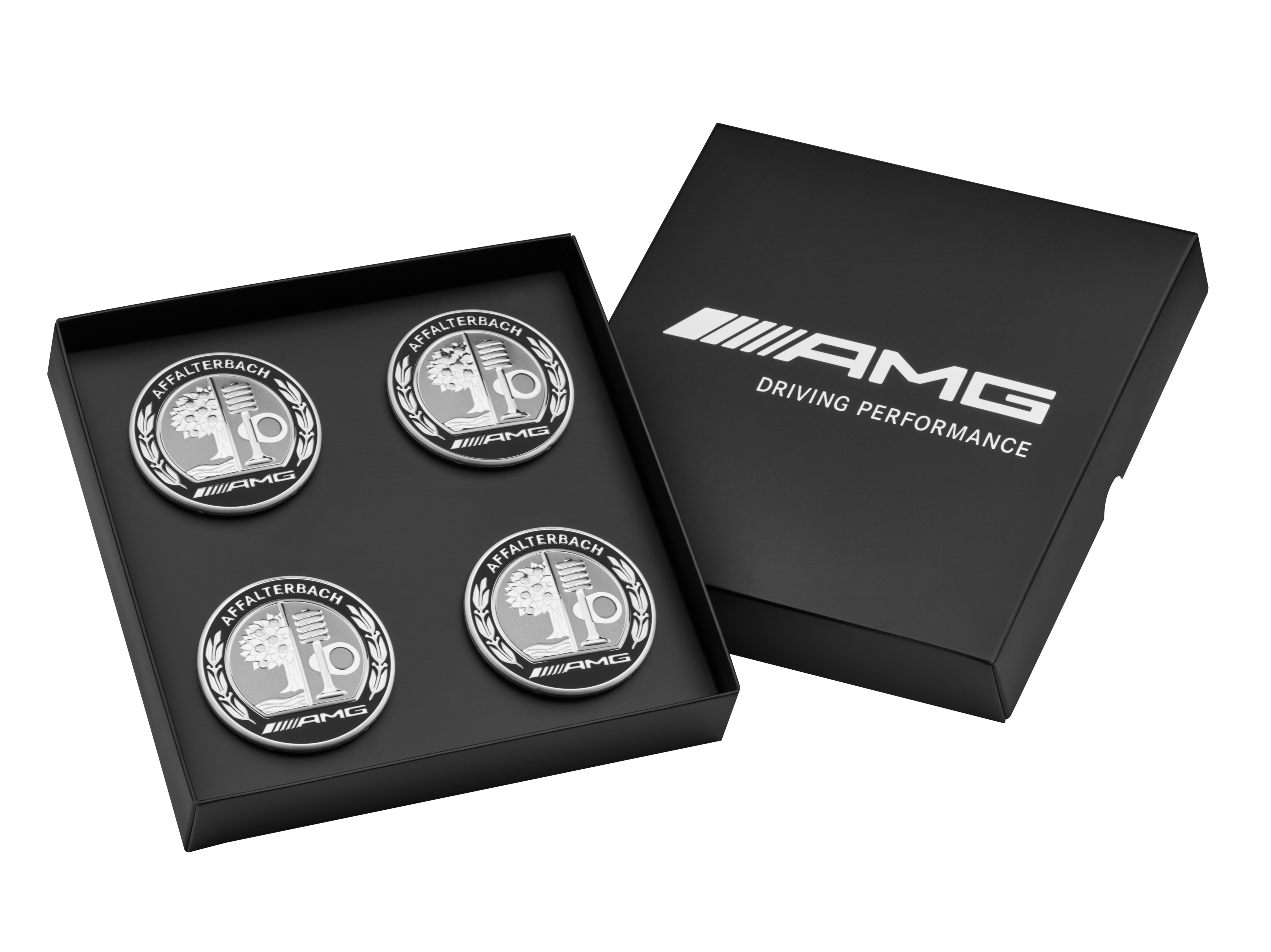 AMG Radnabenabdeckung, mit AMG Wappen, 4er Set, für Zentrierloch-Durchmesser 66,8 mm - silberfarben / schwarz AMG Radnabenabdeckung, mit AMG Wappen, 4er Set, für Zentrierloch-Durchmesser 66,8 mm - silberfarben / schwarz