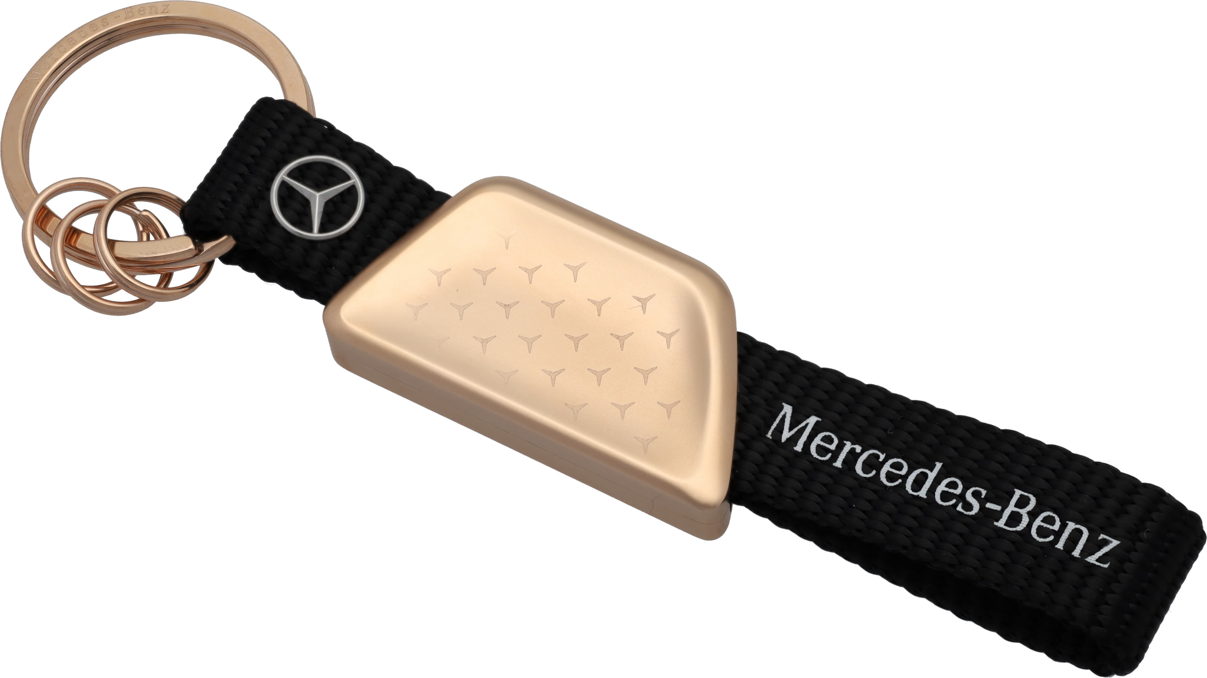 Schlüsselanhänger, Mercedes-Benz - roségoldfarben / schwarz, Edelstahl / recyceltes PET, PVD beschichtet Schlüsselanhänger, Mercedes-Benz - roségoldfarben / schwarz, Edelstahl / recyceltes PET, PVD beschichtet
