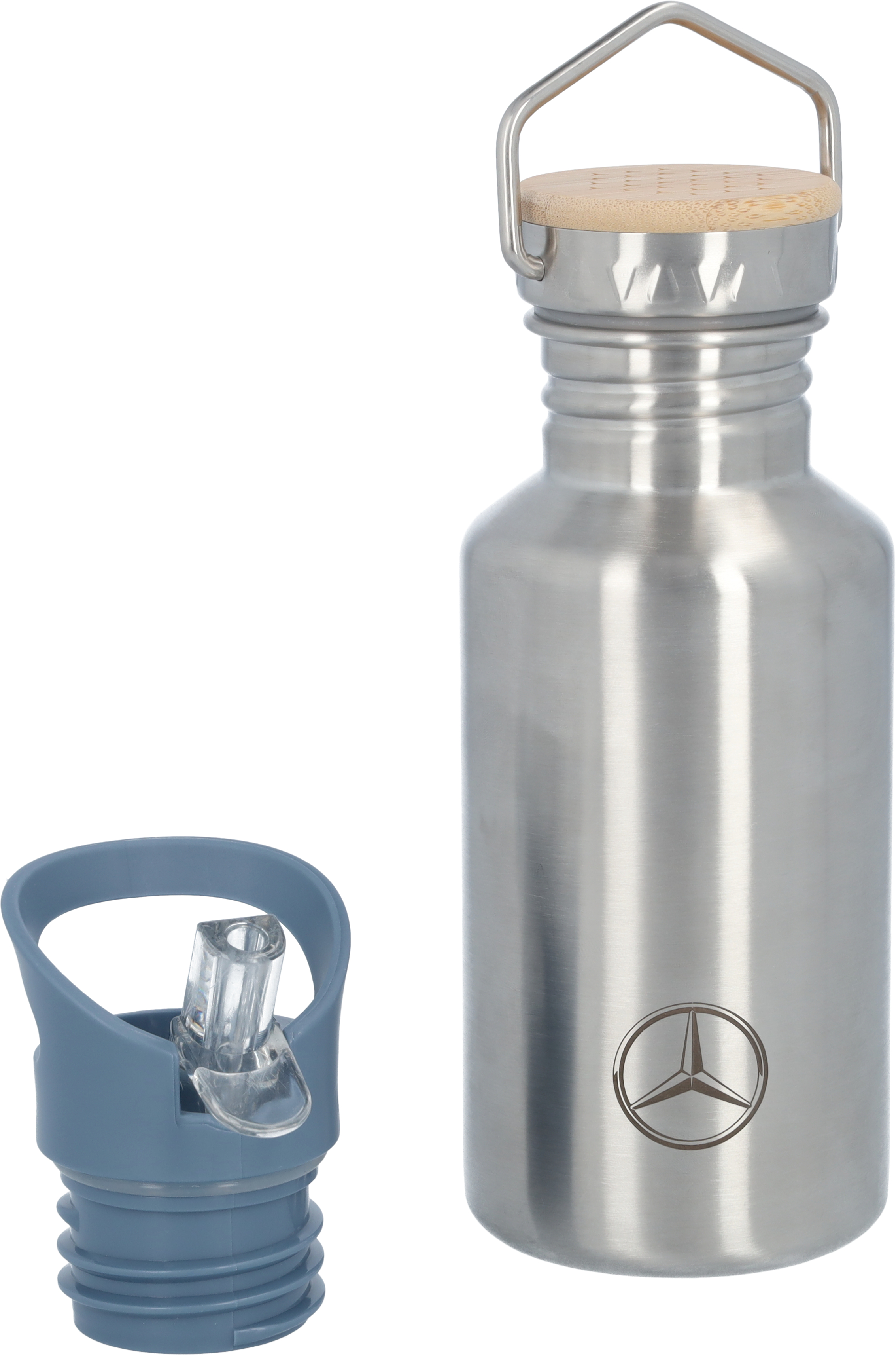 Trinkflasche Kinder, Mercedes-Benz - silberfarben / blau, Edelstahl / Bambus / Polypropylen, Lässig