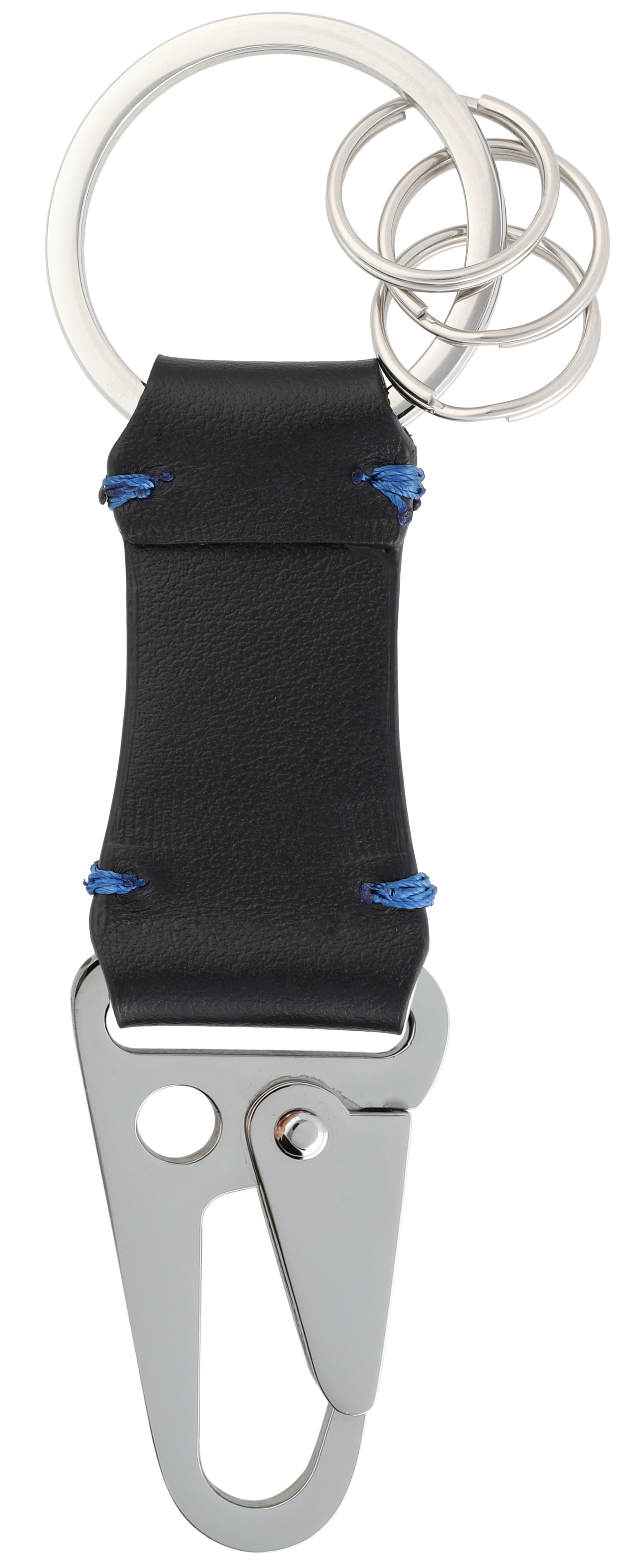 Schlüsselanhänger, Karabiner - schwarz / blau, Rindleder / Edelstahl, hochglanzpoliert