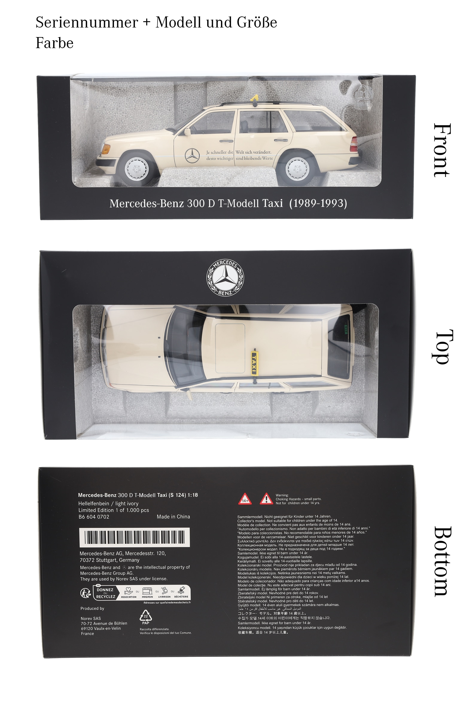 300 D S 124 (1989-1993), T-Modell, Taxi - hellelfenbein, Norev, 1:18