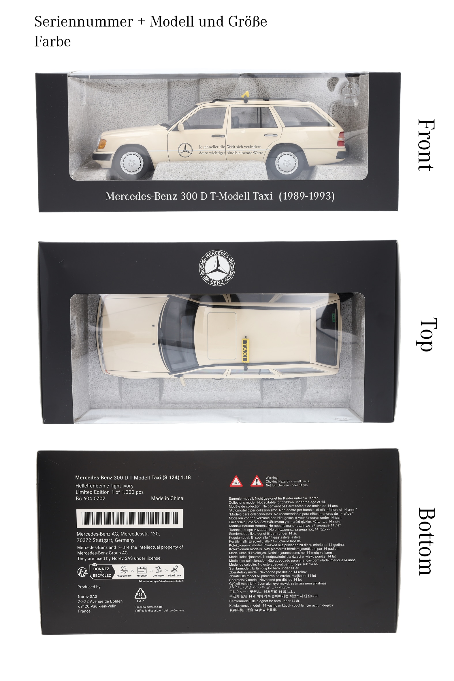 300 D S 124 (1989-1993), T-Modell, Taxi - hellelfenbein, Norev, 1:18 300 D S 124 (1989-1993), T-Modell, Taxi - hellelfenbein, Norev, 1:18