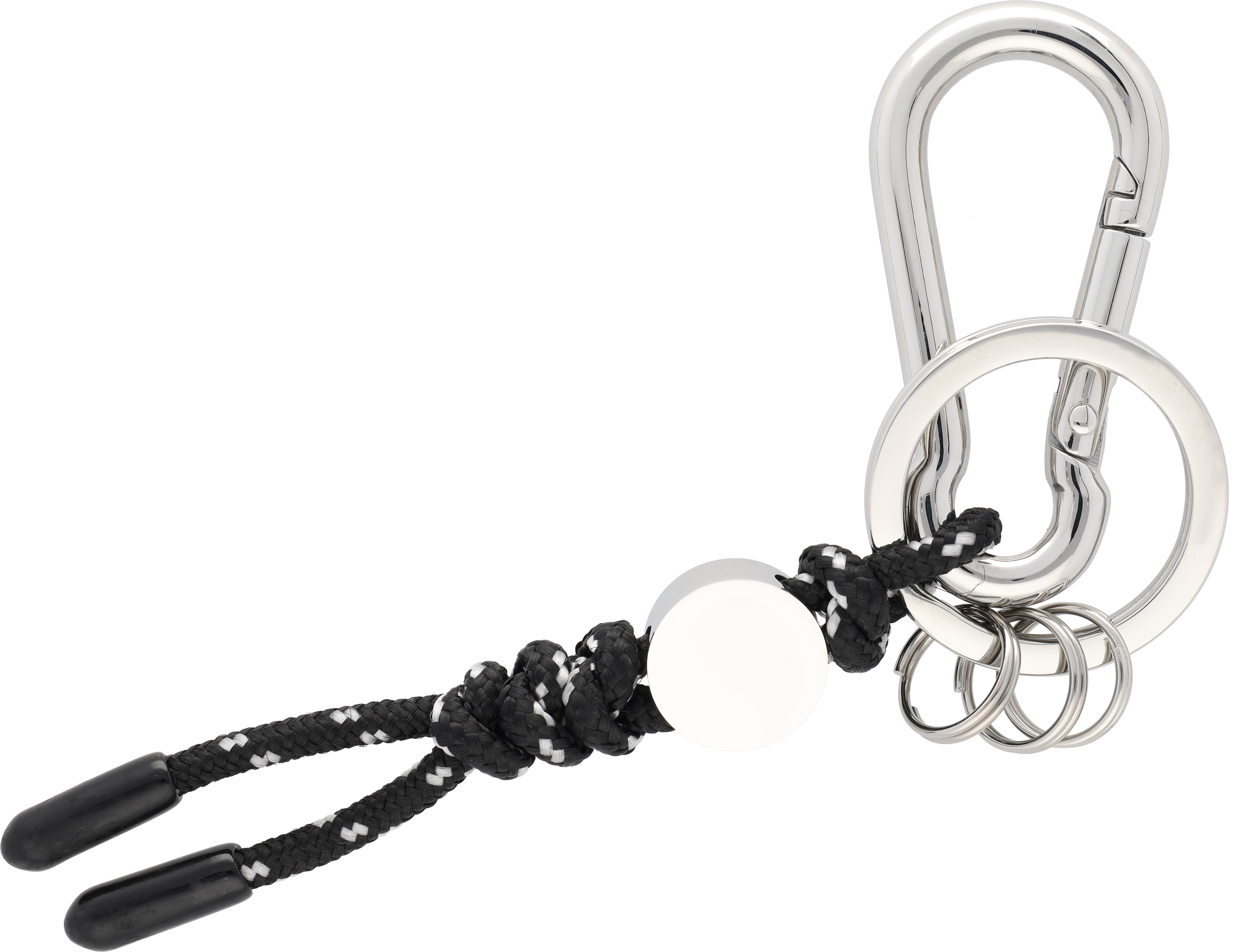 Schlüsselanhänger, Kordel - schwarz / silberfarben, Edelstahl / Nylon, hochglanzpoliert Schlüsselanhänger, Kordel - schwarz / silberfarben, Edelstahl / Nylon, hochglanzpoliert