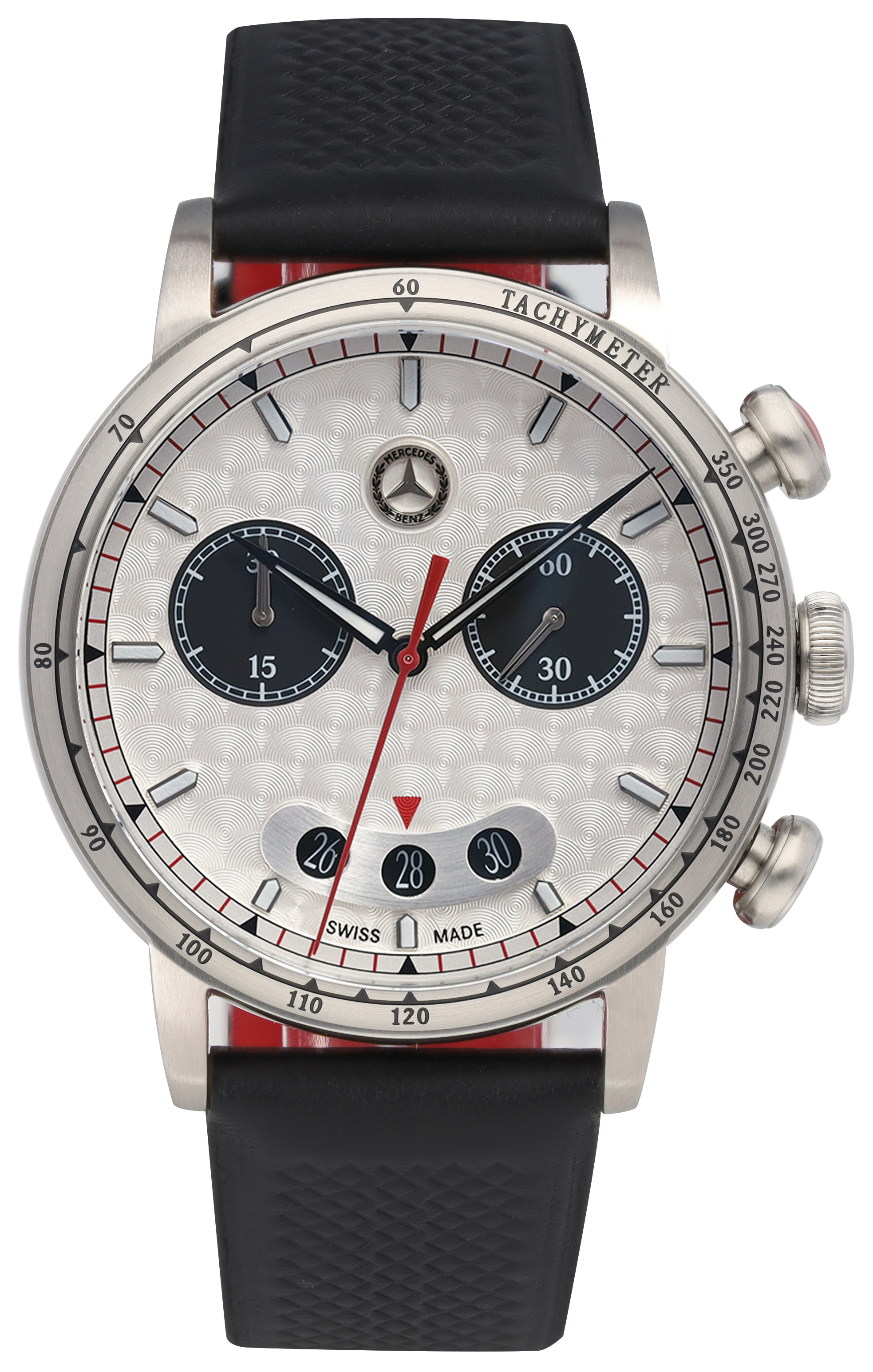 Chronograph Herren, CLASSIC, Silberpfeil - silberfarben / schwarz / rot, Edelstahl / Kalbsleder