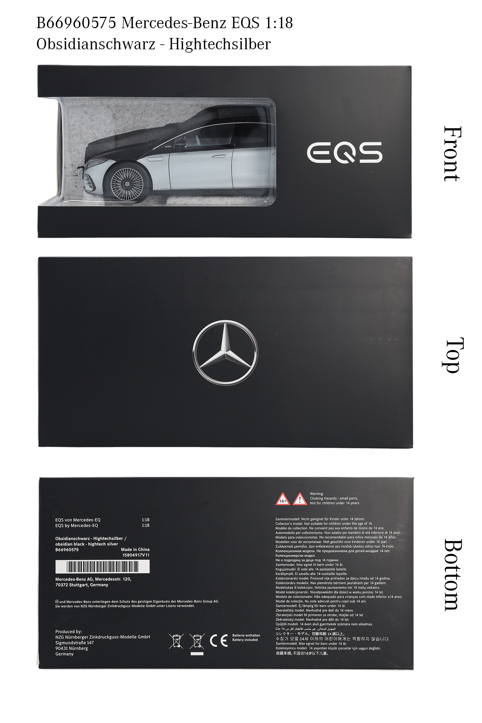 EQS, Limousine, AMG Line, V297, mit Beleuchtung - obsidianschwarz / hightechsilber, NZG, 1:18