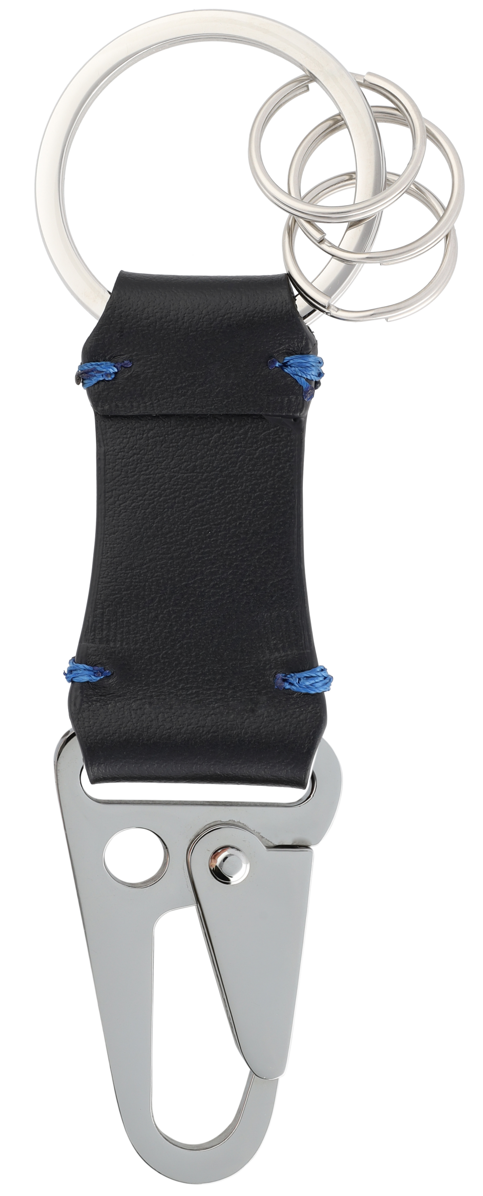 Schlüsselanhänger, Karabiner - schwarz / blau, Rindleder / Edelstahl, hochglanzpoliert