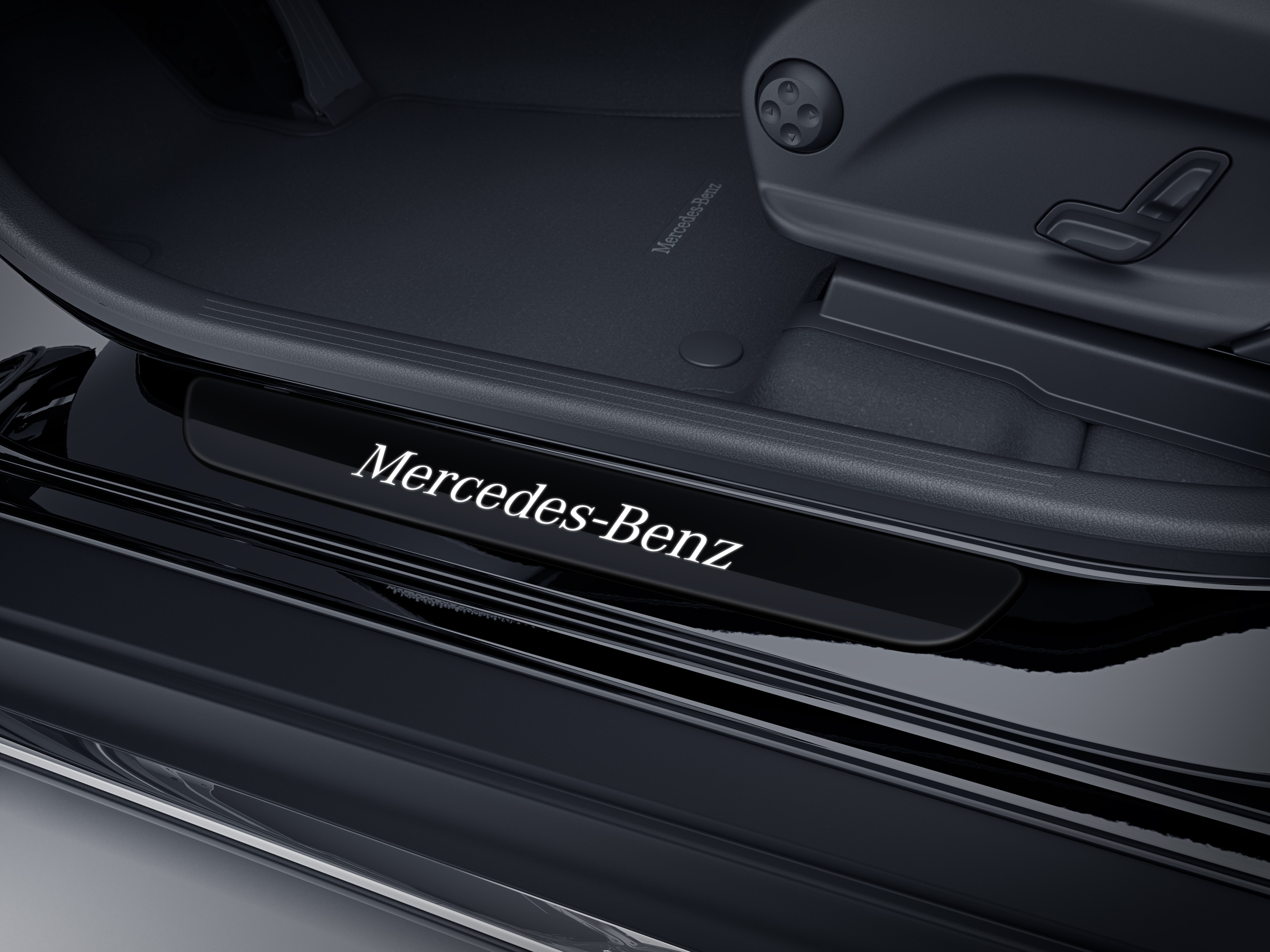 Wechselcover für beleuchtete Einstiegsleiste, Mercedes-Benz, vorne, 1-fach - Edelstahl, schwarz / weiß, glänzend Wechselcover für beleuchtete Einstiegsleiste, Mercedes-Benz, vorne, 1-fach - Edelstahl, schwarz / weiß, glänzend