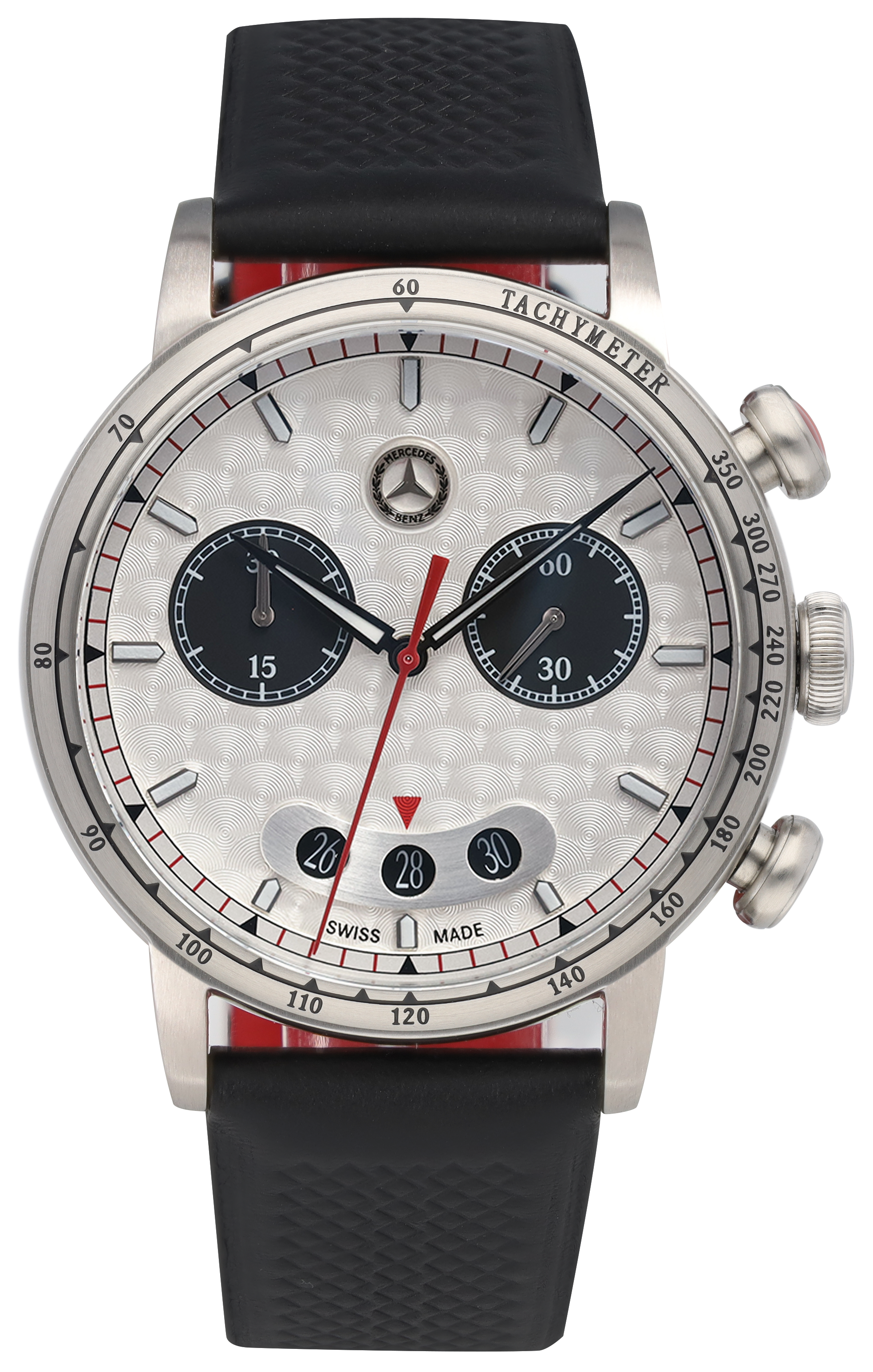 Chronograph Herren, CLASSIC, Silberpfeil - silberfarben / schwarz / rot, Edelstahl / Kalbsleder Chronograph Herren, CLASSIC, Silberpfeil - silberfarben / schwarz / rot, Edelstahl / Kalbsleder