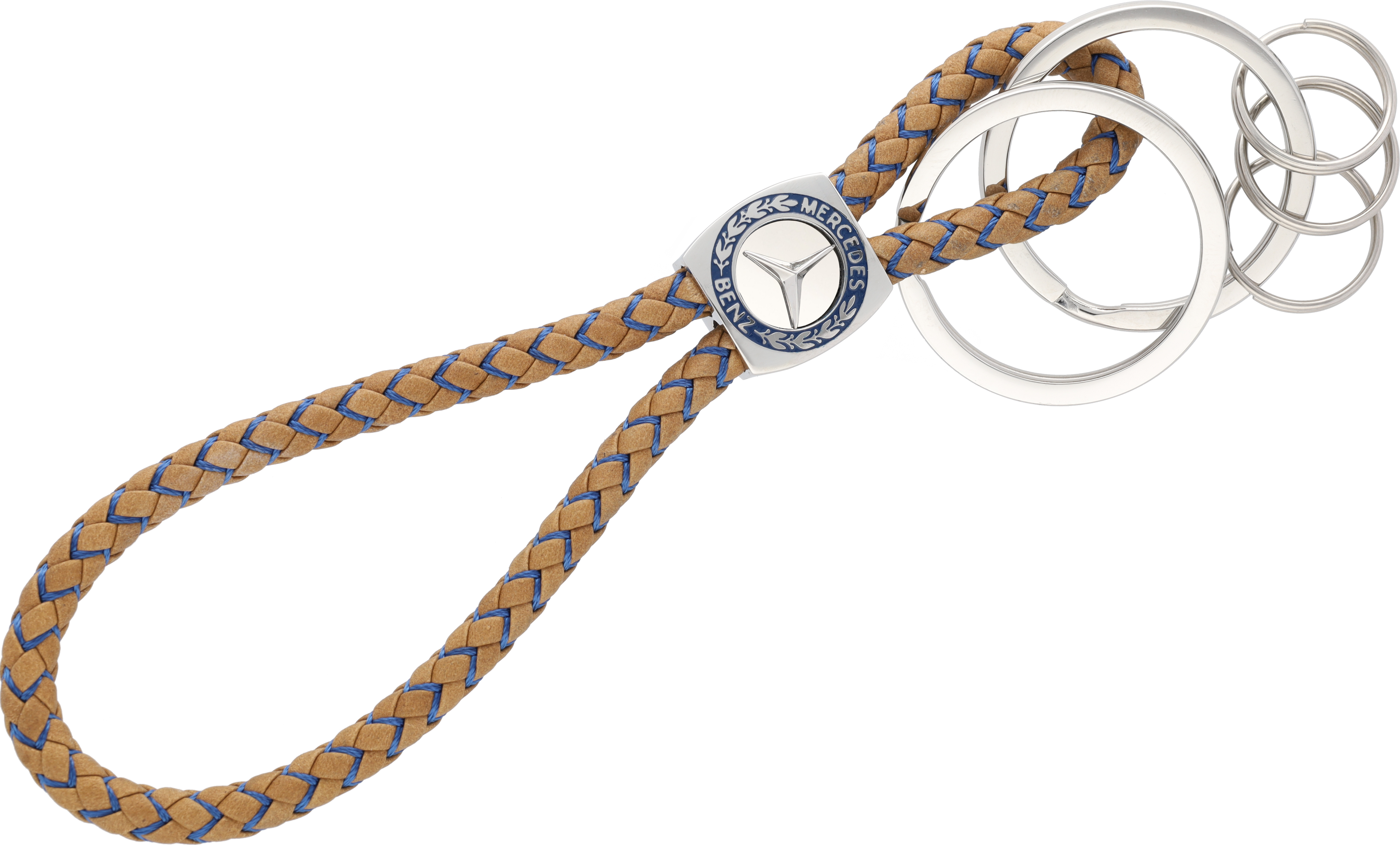 Schlüsselanhänger, CLASSIC, Elegance  - cognac / blau, Rindleder / Nylon / Edelstahl, hochglanzpoliert