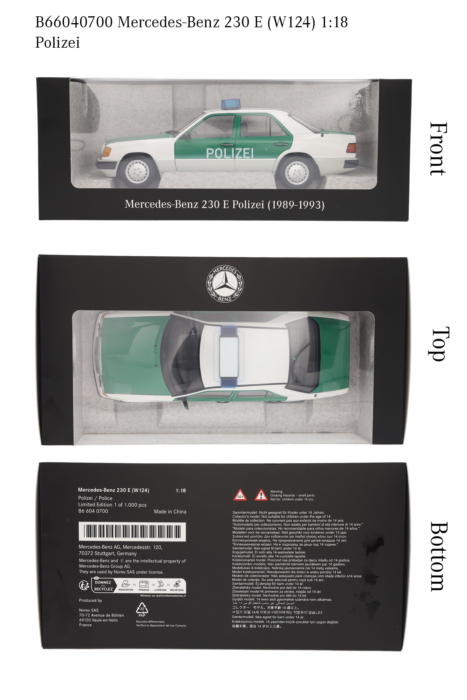 230 E W 124 (1989-1993), Limousine, Polizei - weiß / grün, Norev, 1:18