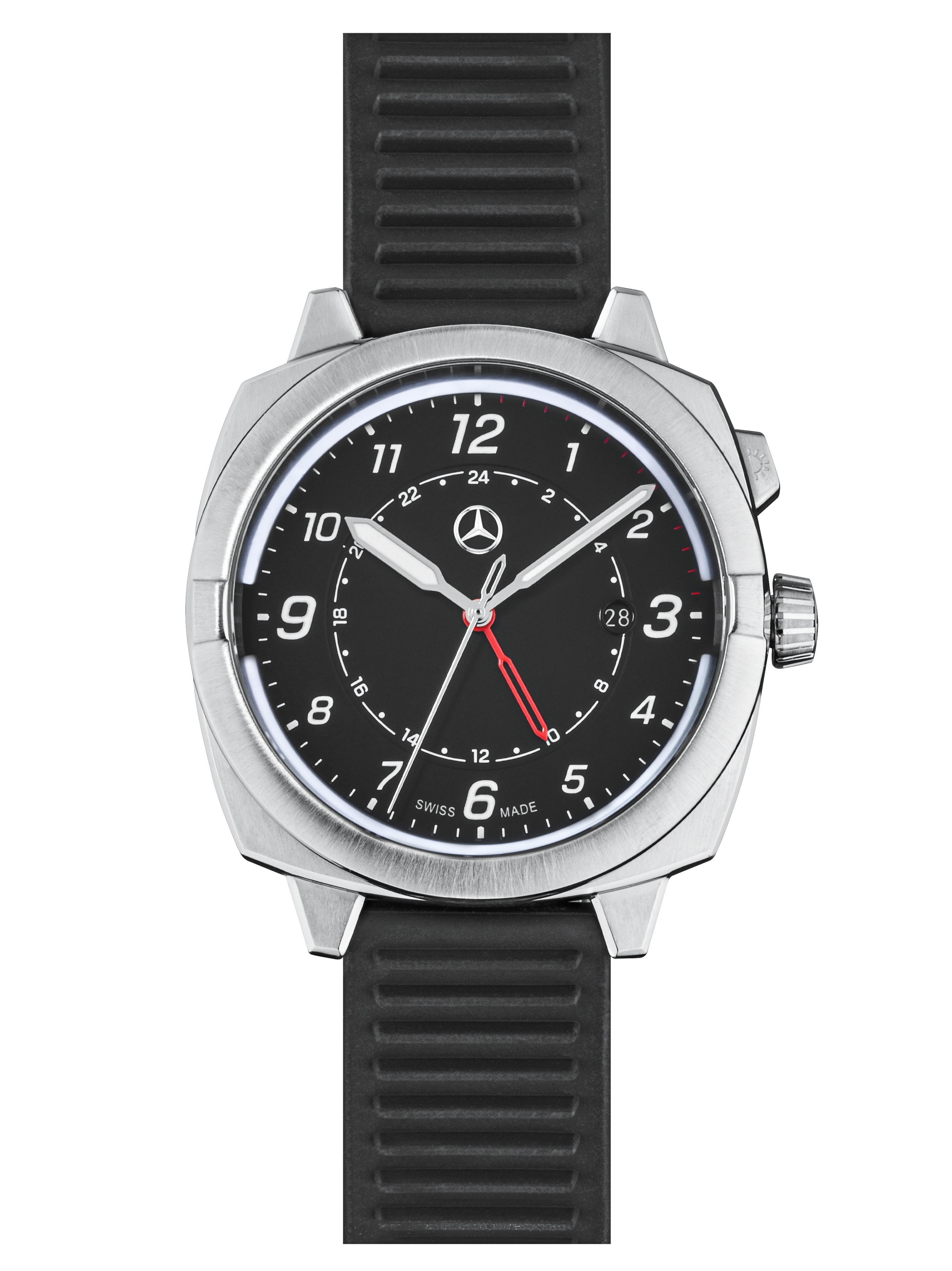 Armbanduhr Herren, Mercedes-Benz, G-Klasse - schwarz / silberfarben / rot, Edelstahl / Silikon